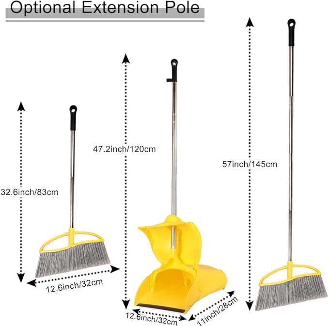 Long Handle Heavy Duty Broom and Dustpan Set, Outdoor and Commercial Upright Dustpan and Brush for Restaurant Garage Garden Yard Office, Yellow