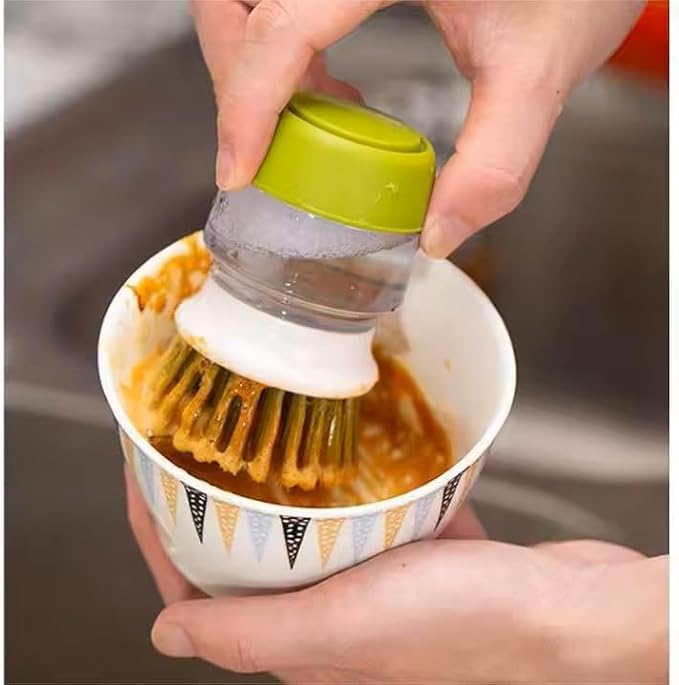 Soap Dispenser Palm Dish Brush with Storage Bracket – Drainage Base, Easy-to-Clean Kitchen Utensil Cleaner | Includes Extra Soft Bristle Brush Head (Gray)