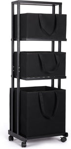 Homde Laundry Basket 3 Tier Bamboo Storage Shelf with Wheels Removable Storage Basket with Handle Freestanding Clothes Hamper Organizer for Bathroom Living Room Bedroom (Black)