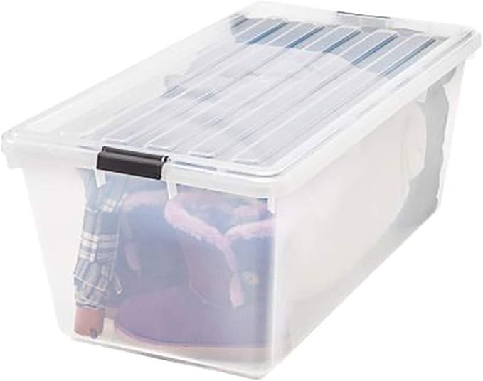IRIS USA 91 Qt Stackable Plastic Storage Bins with Lids, 1 Pack - BPA-Free, See-Through Organizing Solution, Latches, Durable Nestable Containers, Secure Pull Handle, Made in USA - Clear