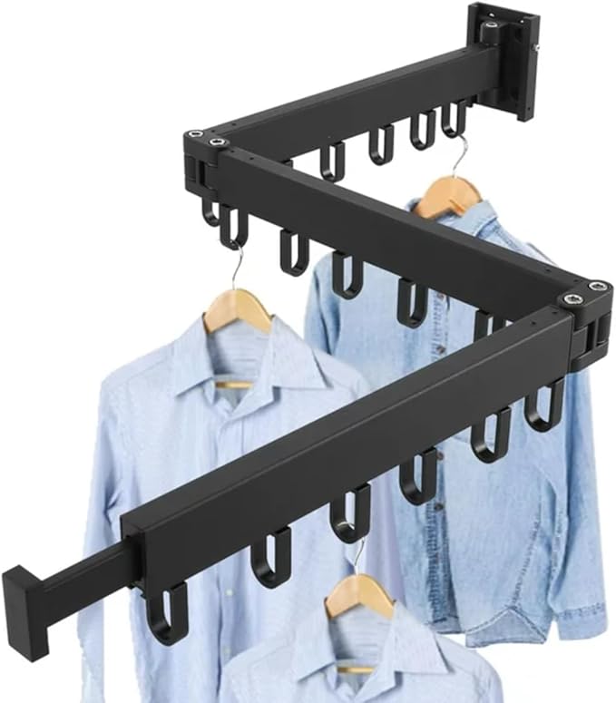 Clothes Drying Rack Wall Mounted Retractable, Aluminum Collapsible Laundry Organizer, Space-Saver Hanger Holds Quilts for Bedroom Bathroom Balcony (Black)