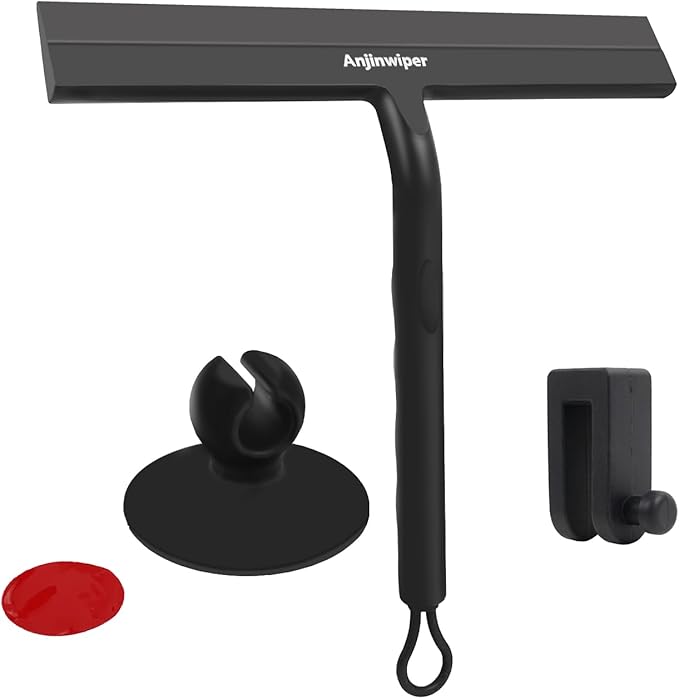 Shower Squeegee for Glass Doors with Adhesive Hook, All-Purpose Squeegee for Shower Glass, Bathroom, Window, Mirror, Car Glass and Tile Wall-8.6 Inches,Black