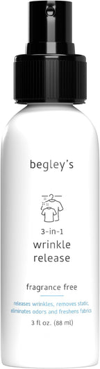 Begley's 3-in-1 Wrinkle Remover, Quick Fix Wrinkle Release, Static Cling Remover, Odor Eliminator and Fabric Refresher Spray - USDA Certified Biobased - Fragrance-Free, 3 oz Travel Size