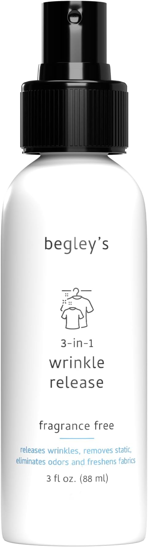 Begley's 3-in-1 Wrinkle Remover, Quick Fix Wrinkle Release, Static Cling Remover, Odor Eliminator and Fabric Refresher Spray - USDA Certified Biobased - Fragrance-Free, 3 oz Travel Size