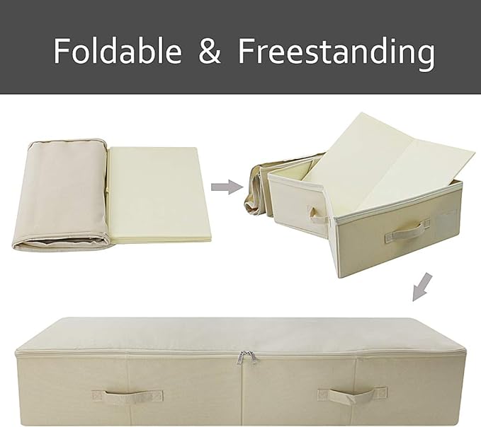 39.4" Ultra-Length Foldable & Washable Underbed Storage Organizer Containers for Clothing, Shoes, Bedding - Ideal for Bedroom, College Dorm (Black Gray), Beige