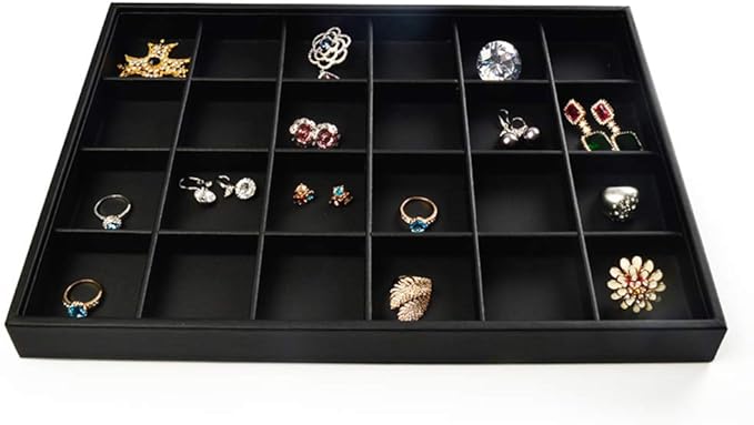Oirlv Stackable Jewelry Organizer Tray Premium Leather 24 Grid Jewelry Drawer Organizer Dresser Tabletop Trinket Earring Ring Storage