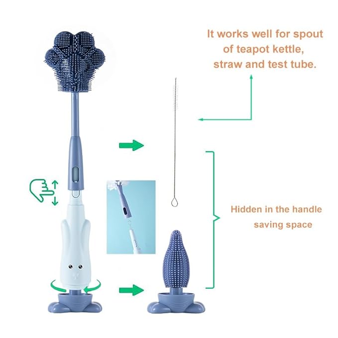 Cup Cleaning Brush, Silicone Baby Bottle Brush with Stand, Large Handle Water Bottle Brush Cleaner Set, with a Tiny Cup Lid Gap Cleaning Brushes Kit, Pawprint, Green