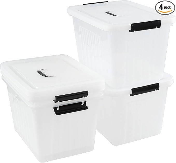 Bringer 4-Pack Clear Plastic Latching Storage Box, 18 L Storage Bin with Handle