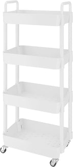 UDEAR 4-Tier Rolling Utility Cart with 12 Category Labels,Multifunctional Storage Shelves with Handle and Lockable Wheels for Room,Office,Kitchen,Bathroom,White