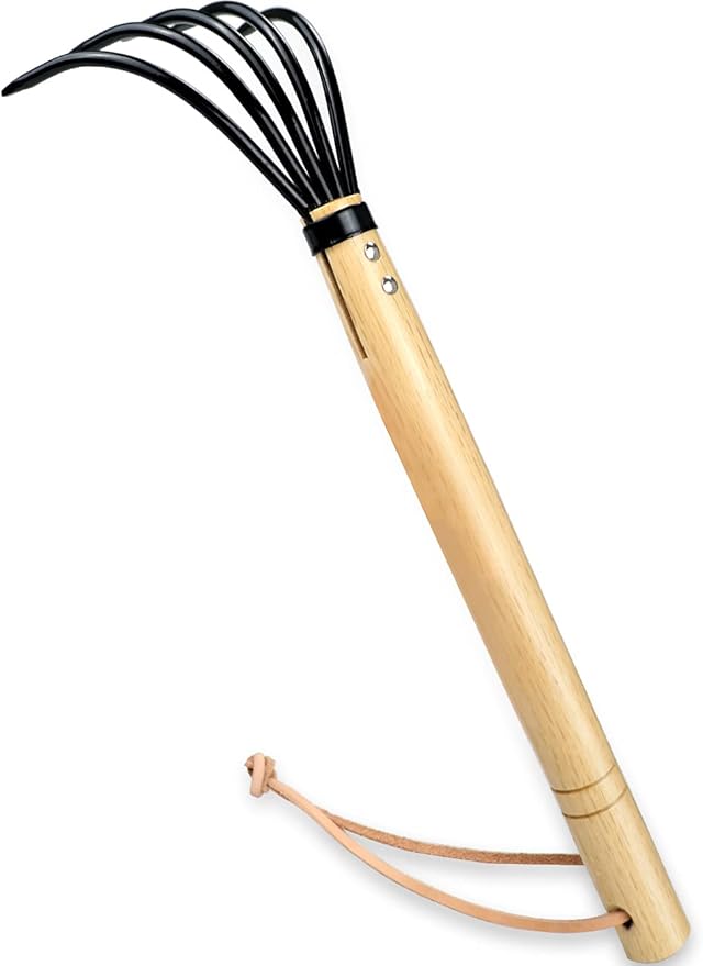 15" Gardeners Claw Rake | Military Grade Steel 6 Tines and Prime Wood Japanese Ninja Claw Garden Rake or Cultivator for Perfect Pulverized and Aerated Soil, Ergonomic Wooden Handle for Firm Grip
