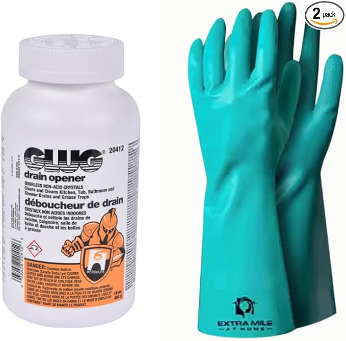 Glug Drain Opener Cleaning Kit – Crystal Drain Cleaner + Gloves – Safe Clog Remover for Sinks, Showers, and Tubs – Extra Mile at Home