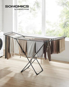SONGMICS Clothes Drying Rack, Metal Laundry Drying Rack, Foldable, Space-Saving, Free-Standing Airer, with 2 Gullwings, Indoor Outdoor Use, Bed Linen Clothing, Black ULLR540B01