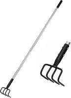 Long Hand Cultivator, Carbon Steel & Stainless Steel Tiller Cultivator, Garden Cultivator with Telescopic Handle and Soft Handle Cover, Hand Tiller for Digging Loosening Weeding