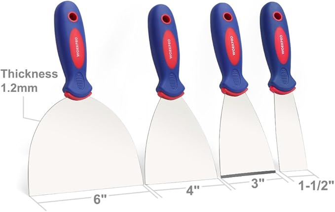 WORKPRO 4-Piece Putty Knife Set, Stainless Steel Made - Perfect for Drywall Spackle, Taping, Scraping Paint, 1.5", 3", 4", 6"