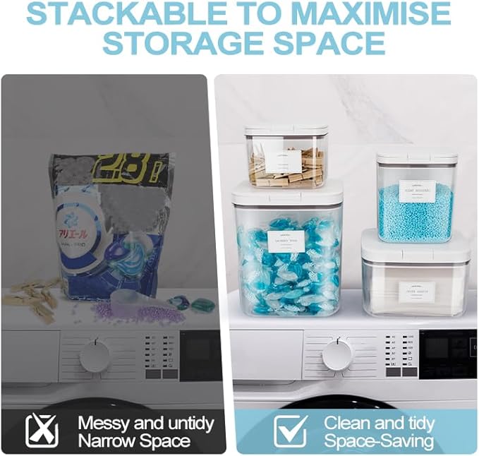 4 Pack Stackable Laundry Pods Container & Dryer Sheet Holder with Pop-Up Lids & Labels, Sealing Laundry Room Organization and Storage Jars for Powder, Scent Bead, Dryer Balls