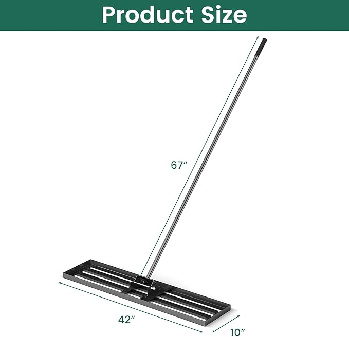 Goplus Lawn Leveling Rake, 42" x 10" Heavy Duty Level Lawn Tool w/ Ergonomic Handle for Soil, Effort-Saving Landscape Rake for Garden, Backyard, Golf Course, Farm, Pasture, Black