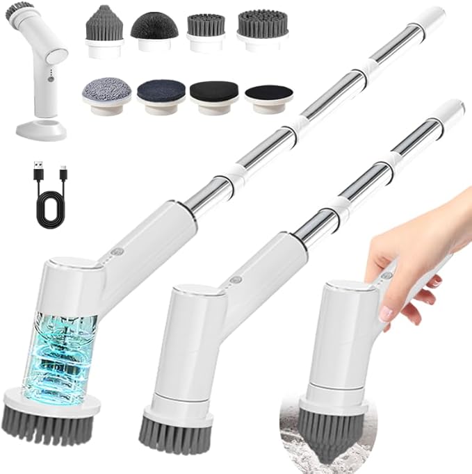 Electric Spin Scrubber, Battery 2.5H with Extra-Long Runtime, 10 Brush Heads, IPX7 Waterproof Power Shower Scrubber with Long Handle, 2 Speeds Cordless Cleaning Brush for Bathroom Bathtub