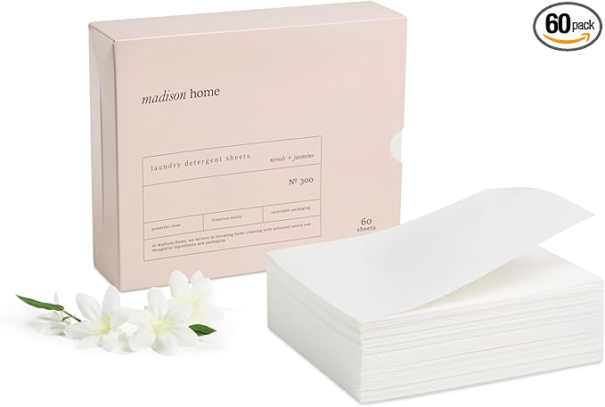 Madison Home Laundry Detergent Sheets, Hypoallergenic with Stain Fighting Special Bio-Enzymes, Home & Travel Laundry Detergent Sheets, Plastic Free Packaging, Neroli and Jasmine, 60 sheets