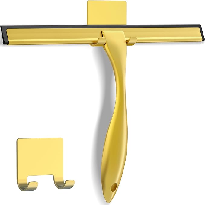 All-Purpose Stainless Steel Shower Squeegee for Shower Glass Door with Adhesive Hook, Bathroom Cleaner Tool Household Window Mirror Squeegee for Glass Doors, Cleaning Tile Wall, Car, 10 inch, Golden