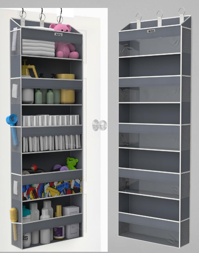 Over the Door Organizer with 5 Large Pockets & 10 Mesh Side Pockets – Durable Hanging Storage for Closet, Bathroom, Bedroom, and Pantry – Space Saving Door Storage with Sturdy Metal Hooks.