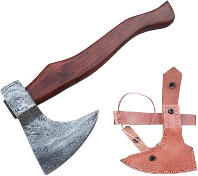 Handmade Damascus Axe with Sheath – Viking Style Hatchet with Curved Wooden Handle for Camping, Hiking, Chopping, Bushcraft, Gardening & Display