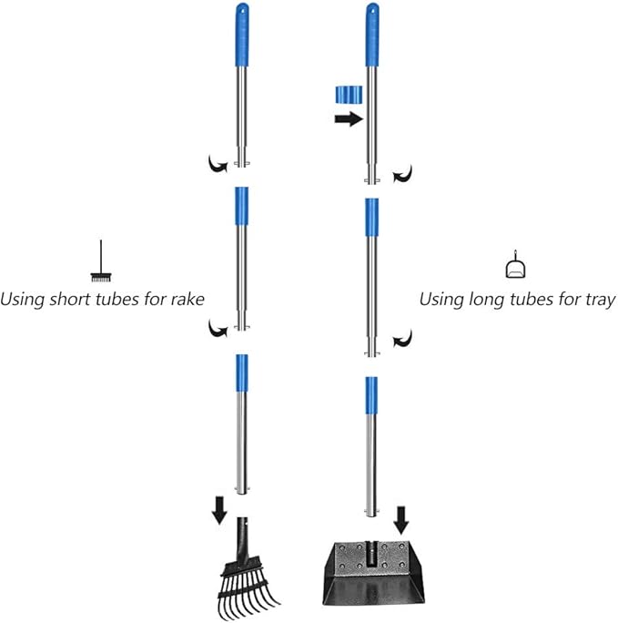 QiMH Upgraded Dog Pooper Scooper Extra Large, Adjustable Long Handle Stainless Metal Pet Poop Tray and Rake Set for Large Medium Small Dogs, Dog Waste Removal Bin Rake, Great for Grass, Street, Gravel