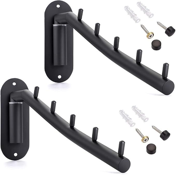 Sumnacon 2 Pcs Stainless Steel Clothes Hanger Rack-Wall Mount Garment Hook with Swing Arm, Sturdy Coat Robe Storage Organizer for Laundry Room Bedrooms Clothing Drying Rack with 5 Hooks, Black
