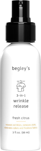 Begley's 3-in-1 Wrinkle Remover, Quick Fix Wrinkle Release, Static Cling Remover, Odor Eliminator and Fabric Refresher Spray - USDA Certified Biobased - Citrus, 3 oz Travel Size