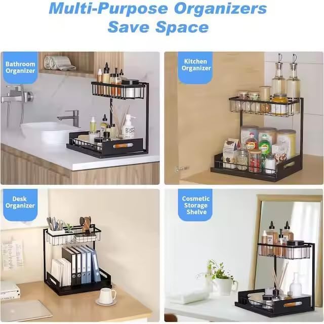 2 Tier Under Sink Storage & Organisation, Under Bathroom Cabinet Storage, Kitchen Sink Organiser Rack, Multi-purpose Under Sink Shelf Organizer (Black)