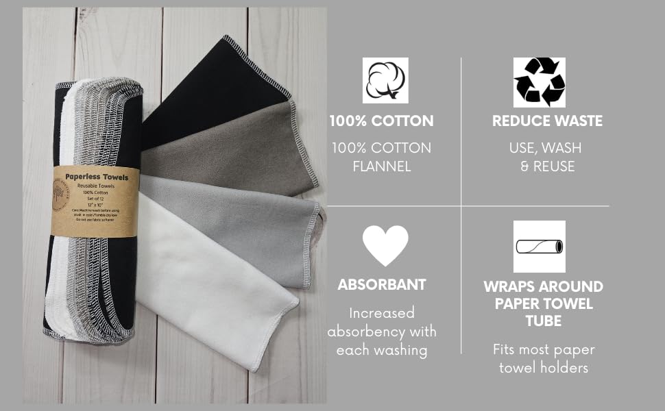 Paperless Towels, 12-12" X 10" Washable Paper Towels, Reusable Paper Towels, 100% Cotton (Grey Tones)