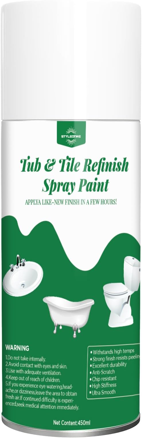 styleonme Tub and Tile Spray Paint White, 450ml 1 pack, Diy Countertop Paint Kit, Suitable for Ceramic, Porcelain, Fiberglass, Bathtub, Tile, Bathroom wall Repair Spray Paints