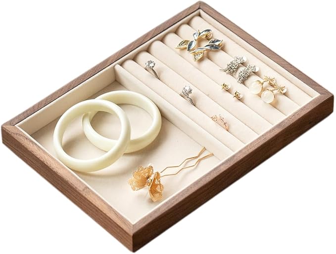 Black Walnut Wooden Jewelry Tray Organizer with Velvet Lining - Jewelry Storage & Display Tray for Rings, Earrings, Bracelets, Watches - Multi-Functional Drawer Organizer (1 Grid + 5 Line)