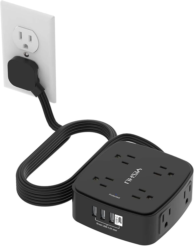 10 Ft Surge Protector Power Strip - YISHU 8 Widely Outlets with 4 USB Ports, 3 Side Outlet Extender with 10 Feet Flat Extension Cord, Ultra Flat Plug, Wall Mount, Desk USB Charging Station, ETL, Black