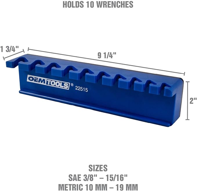 OEMTOOLS 22515 Magnetic Wrench Holder and Tool Organizer, Magnet Holds Up To 10 Wrenches To Most Metal Surfaces, SAE and Metric, 9.25 Inch Magnetic Tool Holder For Shop Or Garage, Blue