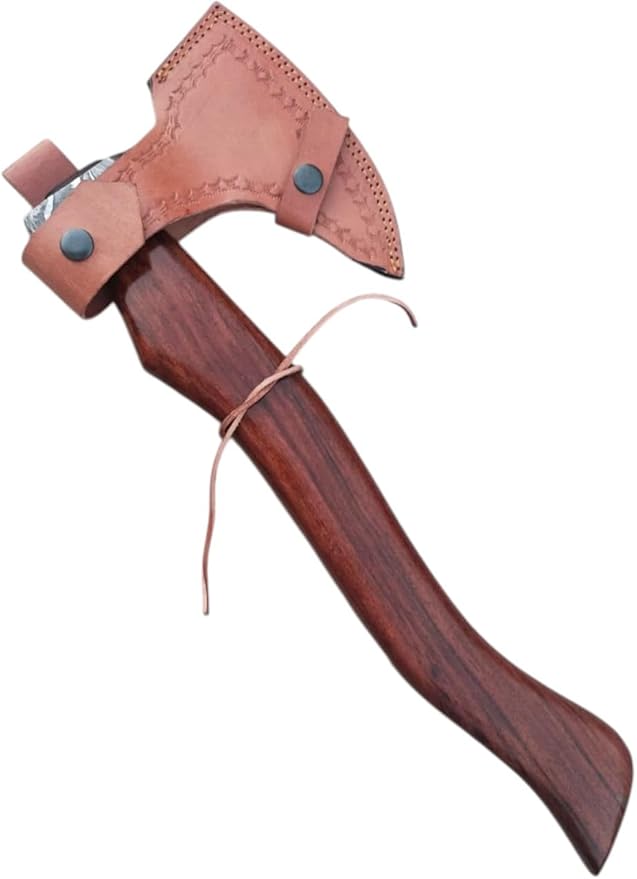 Handmade Damascus Axe with Sheath – Viking Style Hatchet with Curved Wooden Handle for Camping, Hiking, Chopping, Bushcraft, Gardening & Display