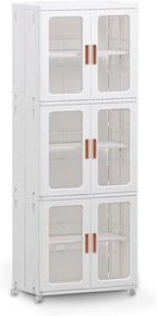 Storage Bins with Lids and Doors Storage Cabinet with Wheels Plastic Stackable Pantry Cabinet Cupboard Closet Foldable Kitchen Collapsible Storage Bins for Book Snack and Bathroom Organizer