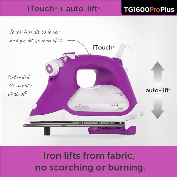 oliso TG1600 ProPlus Smart Iron with Auto-Lift – 1800 Watt Steam Iron for Clothes, Sewing, Quilting & Crafting – Diamond Ceramic-Flow Soleplate, Orchid