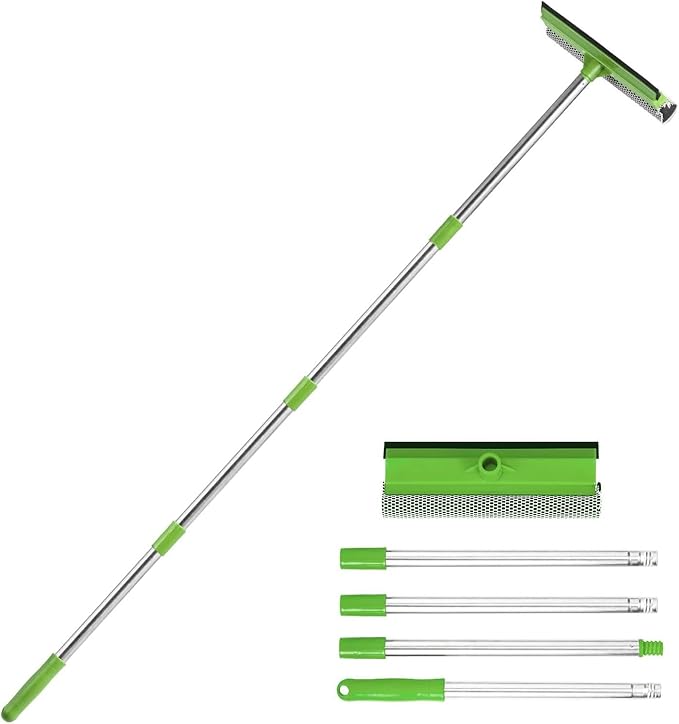 2-in-1 Window Squeegee with 30"-59" Stainless Steel Adjustable Handle - Glass Cleaner for Shower Doors, Car Windshield & High Outdoor Windows