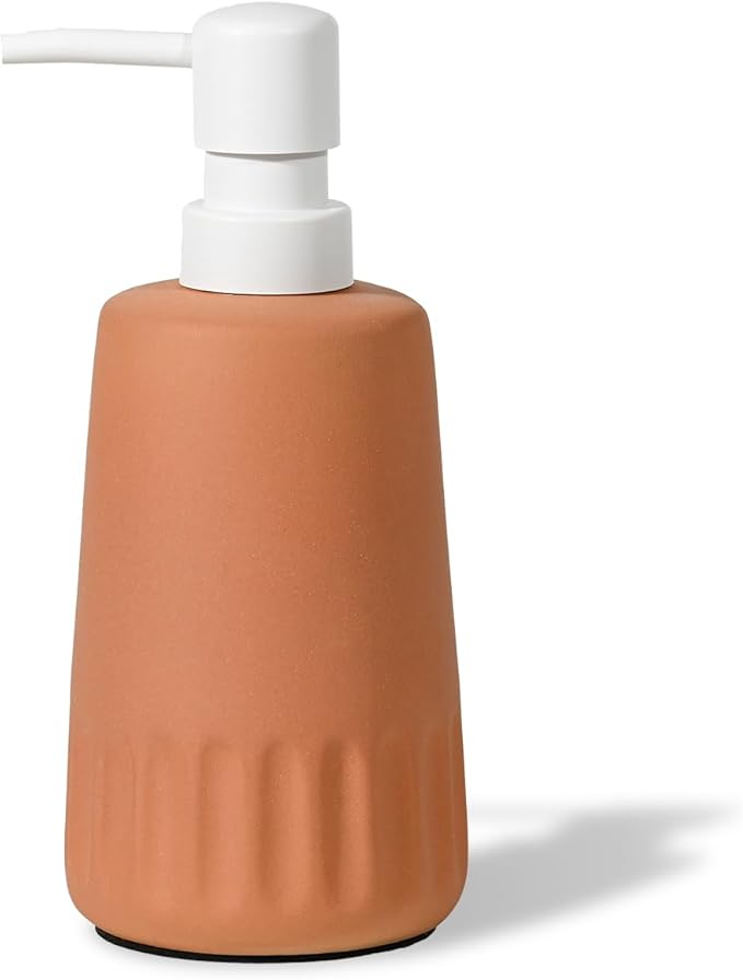 Boho Terracotta and White Ceramic Soap Dispenser, 11 oz Decorative Refillable Hand or Dish Soap Pump for Bathroom or Kitchen, Orange and White