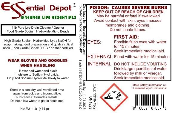 Essential Depot 1 lb Food Grade Sodium Hydroxide Lye Evenly-Sized Micro Pels (Beads or Particles) - 1 lb Bottle - Lye Drain Cleaner - HDPE Container with Resealable Child Resistant Cap and Handle