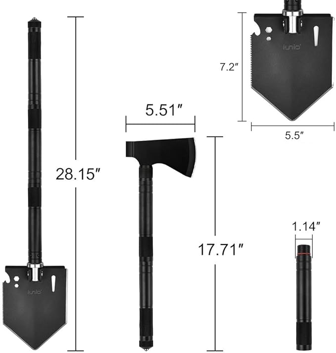iunio Camping Shovel,Shovel Folding, Portable, Multitool, Foldable Entrenching Tool, Collapsible Spade, for Backpacking, Trenching, Hiking, Survival, Car Emergency