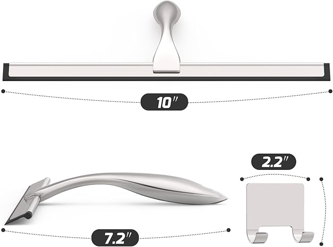 All-Purpose Stainless Steel Shower Squeegee for Glass Doors with Adhesive Hooks, Squeegee for Shower Glass, Bathroom Household Cleaner Tool for Window Mirror Tile Wall Car, 10 Inch Silver