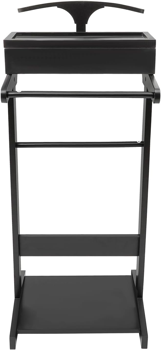 Valet Stand with Drawer and Top Tray, Wood Mens Suit Valet Stand with Wood Base, Freestanding Clothes Valet Stand with Hanger, Storage Organizer for Entryway Office Living Room (D, Black)