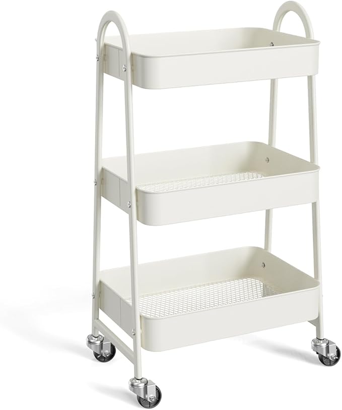 3-Tier Metal Rolling Utility Cart, Small Rolling Cart Kitchen Trolley Bathroom Laundry Room Bar Office Shelves Storage Organizer Shelving Unit with Caster Wheels for Narrow Places, White