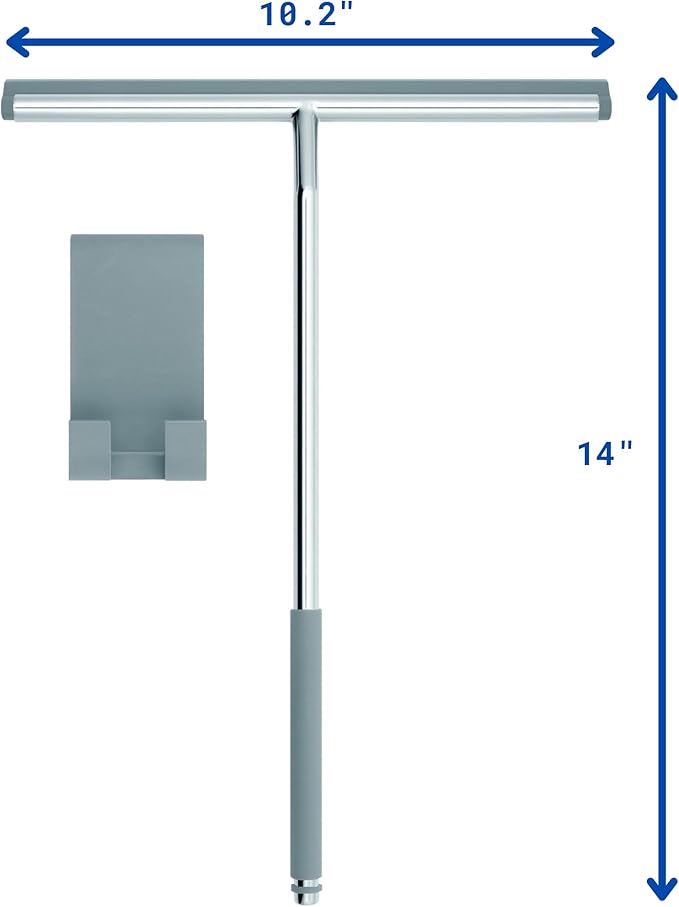 Long Handle Shower Squeegee for Glass Doors - Stainless Steel with Silicone Hook Holder - Scrubber for Shower Tile Wall Cleaning, Bathroom Cleaner - Large Shower Door Sweep Wiper with Rubber Hanger