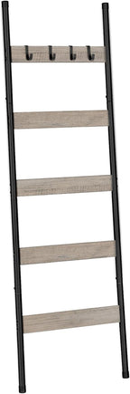 HOOBRO Blanket Ladder, 5-Tier Towel Rack with Hooks, Wall-Leaning Blanket Rack, Decorative Display Ladder Shelf, Scarves, Industrial, Living Room, Bedroom, Greige and Black BG52CJ01