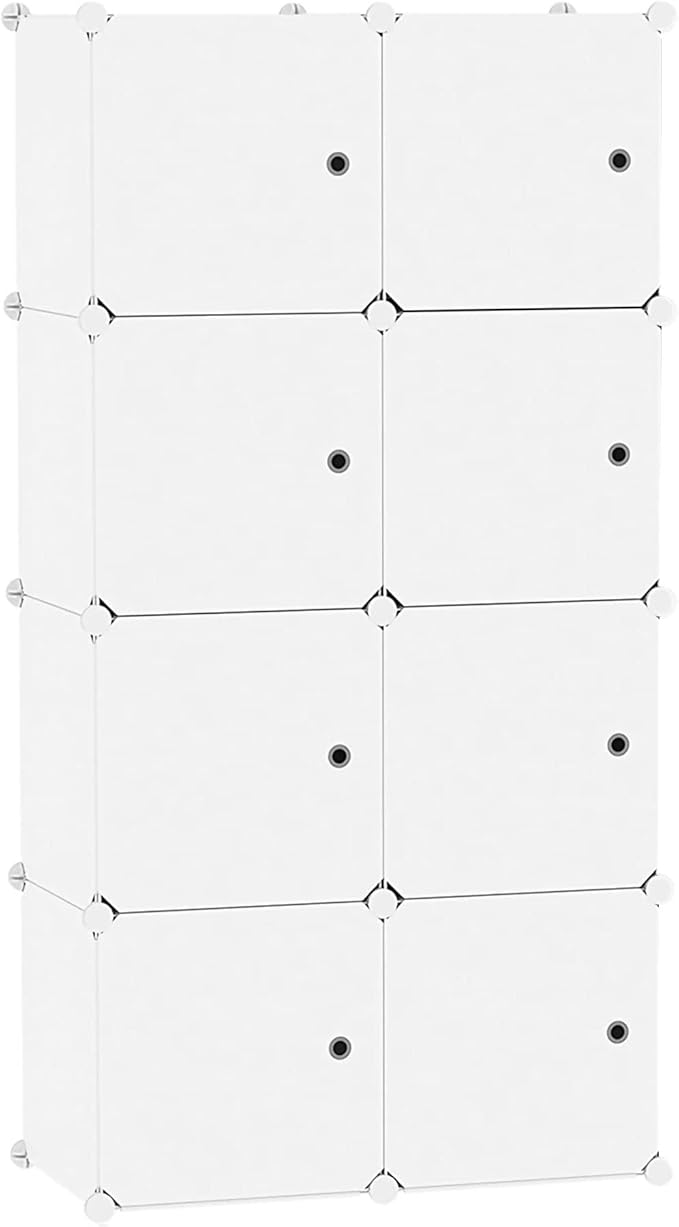 C&AHOME Cube Storage Organizer with Doors, 8-Cube Shelf, Closet Cabinet, DIY Plastic Modular Bookshelf, Storage Shelves Ideal for Bedroom,Living Room,24.8" L × 12.4" W × 48.4" H Milky UGSHS3008M
