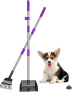 QiMH Upgraded Dog Pooper Scooper Extra Large, Adjustable Long Handle Stainless Metal Pet Poop Tray and Rake Set for Large Medium Small Dogs, Dog Waste Removal Bin Rake, Great for Grass, Street, Gravel