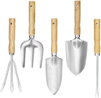 Garden Tool Set, 5 Piece Stainless Steel Gardening Tools with Wooden Handles Hand Tools with Transplanting Hand Shovel, Rake and Root Picker Ideal for Digging and Planting.
