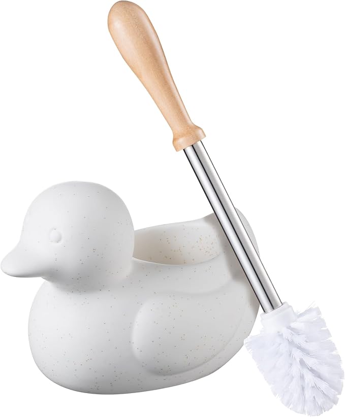 White Toilet Brush and Holder Set - Ceramic Bathroom Toilet Scrubber Brush Organizer with Cleaner Brush Kit with Detachable Brush Head & Natural Wood Handle, Toilet Brush & Cute Duck Design